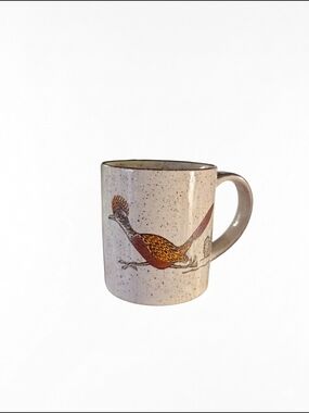 Vintage Otagiri roadrunner bird coffee mug, featuring speckled stoneware pottery